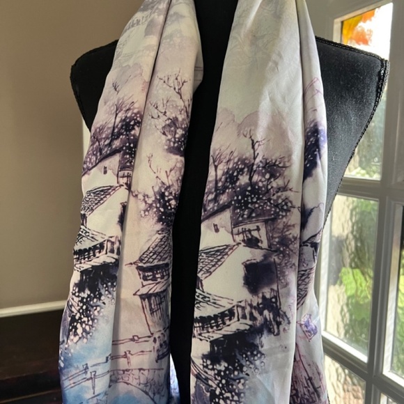 Chinese Village silk scarf tassels Oversized Beautiful Scene - 368 - Picture 2 of 3